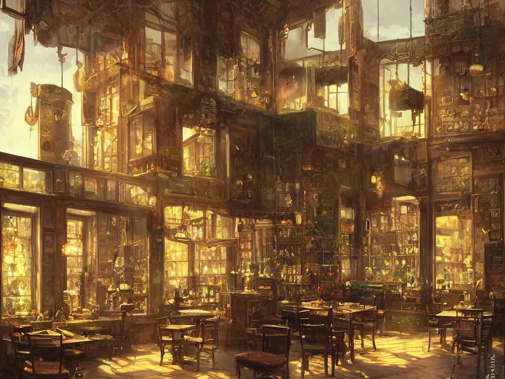 Image similar to a beautifully and highly detailed painting of a tea shop, by marc simonetti, david friedrich and franz sedlacek,