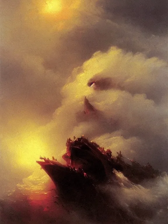 Prompt: painting by ivan aivazovsky of a flying sorrowful looking human head with tears running down it's eyes, face that is chalk white in color, with long sprawling white tentacles stemming down it's neck, fiery scorching red eyes, flying in a terrying hellish dark cavernous place