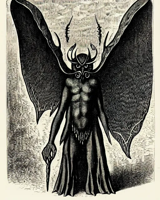 Prompt: illustration of mothman as a demon from the dictionarre infernal, etching by louis le breton, 1 8 6 9, 1 2 0 0 dpi scan, ultrasharp detail, clean scan