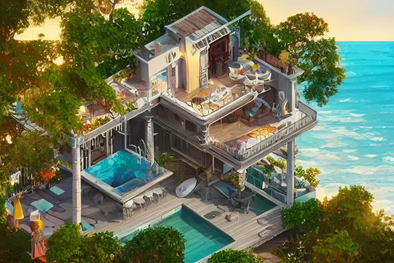 Image similar to a villa with a balcony beside the sea, umbrella, table, juice and liquid, recliner, isometric art, bright, artstation, highly detailed, cinematic lighting + masterpiece