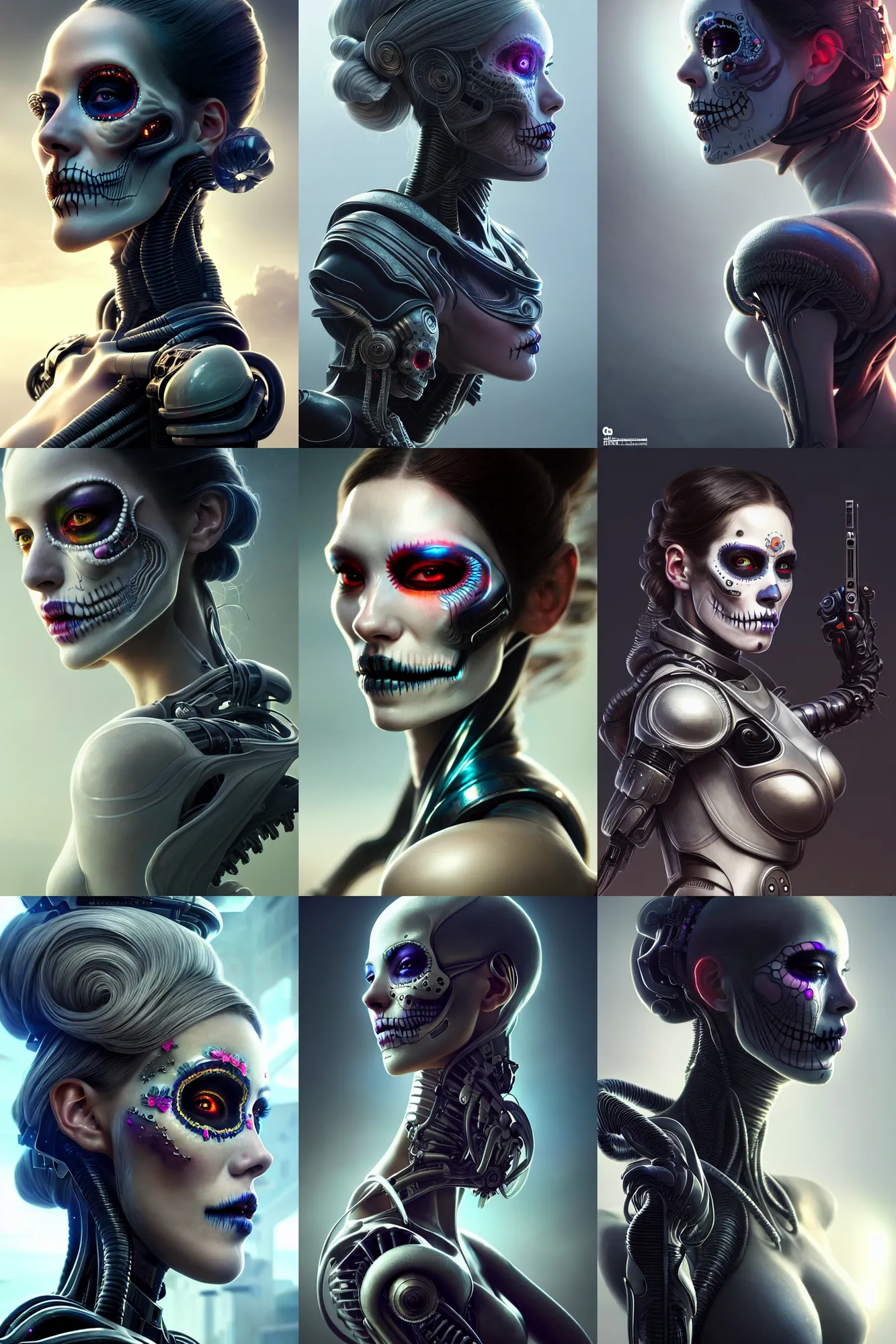 Prompt: ultra detailed side portrait of female android, smoke, sharp focus, sci - fi, fantasy art, digital illustration, dia de los muertos. octane render, unreal engine, global illumination, intricate detailed. concept art. art by artgerm and wlop and giger and greg rutkowski and rossdraws and alphonse mucha, 8 k