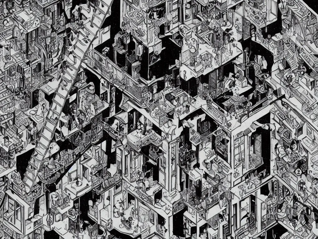 Image similar to fine portrait of a void engineer girl in the style of brecht evens focused on fixing samsara generator in the style of mc escher, intricate, stunning