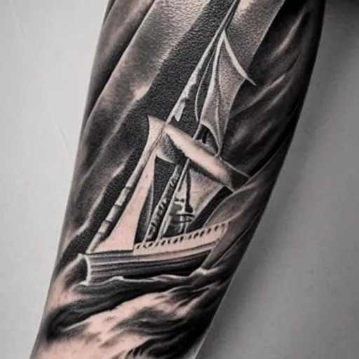 Prompt: a pirate ship sailing in the sea, realism tattoo design, amazing shades, clean white paper background, by Matteo Pasqualin tattoo artist