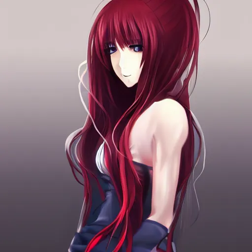 Image similar to realistic anime girl design, side pose, cosmic, dark, cybernetic room, beautiful face, long hairs, red garb, dynamic lighting