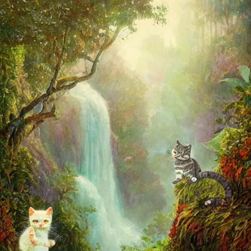 Image similar to painting of one kitten in the enchanted forest standing on the steps and watching the waterfall, fantasy, intricate, extremely detailed, matte, featured in artstation, art by louis wain, greg rutkowski