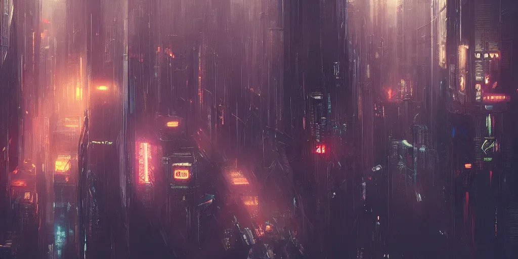 Prompt: a painting of a cinematic keyframe of a cyberpunk dystopian city, blade runner like designed by ian hubertz seen from above, cenital shot, by greg rutkowski, rule of thirds, golden ratio, ambient lighting, wlop, artgerm, artstation, highly detailed masterpiece, dark fantasy art, high detail, trending on artstation