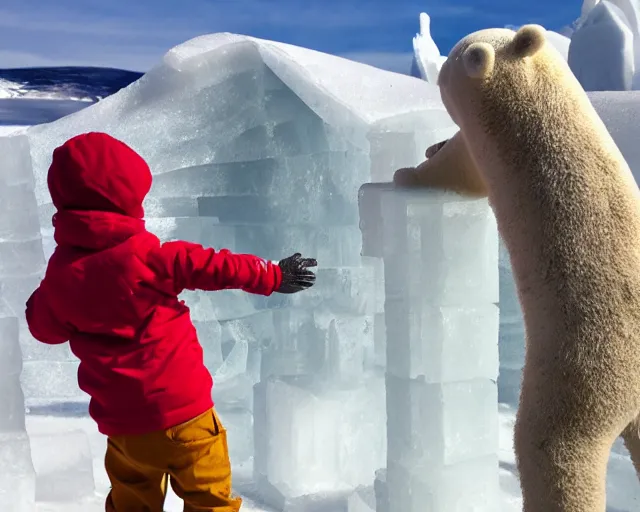 Prompt: ice sculpture. there is a little blonde boy trapped in the figurine made of ice. antartica. coca cola polar bear cheers on. concerned parents looking down from a zoo railing.