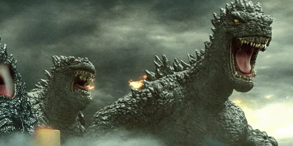 Image similar to movie still from godzilla derp, stupid godzilla, goofy and weird, uncomfortable, idiot godzilla