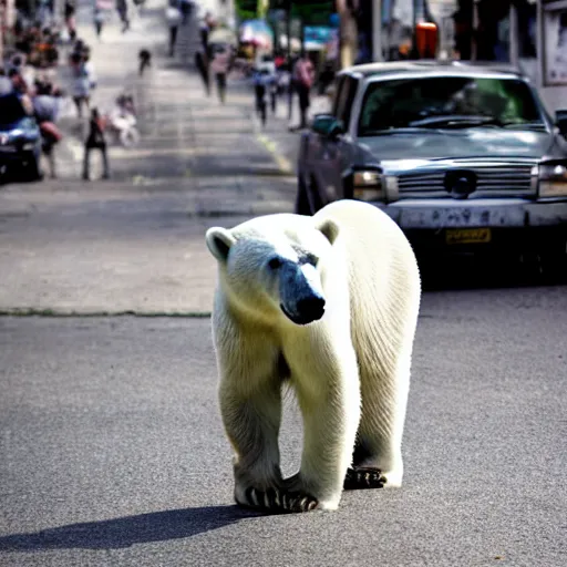 Image similar to a polar bear walking through the streets of rio de janeiro. photo. award - winning photography.