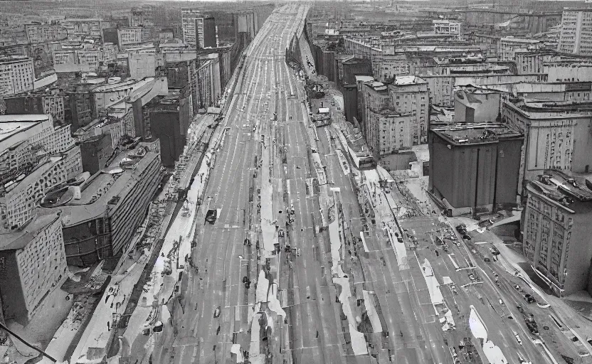 Image similar to high quality 2000s historic footage of soviet boulevard with stanilist style high rise and pedestrians, color aerial photo drone, Cinestill 800t, heavy grainy picture, very detailed, high quality, 4k panoramic