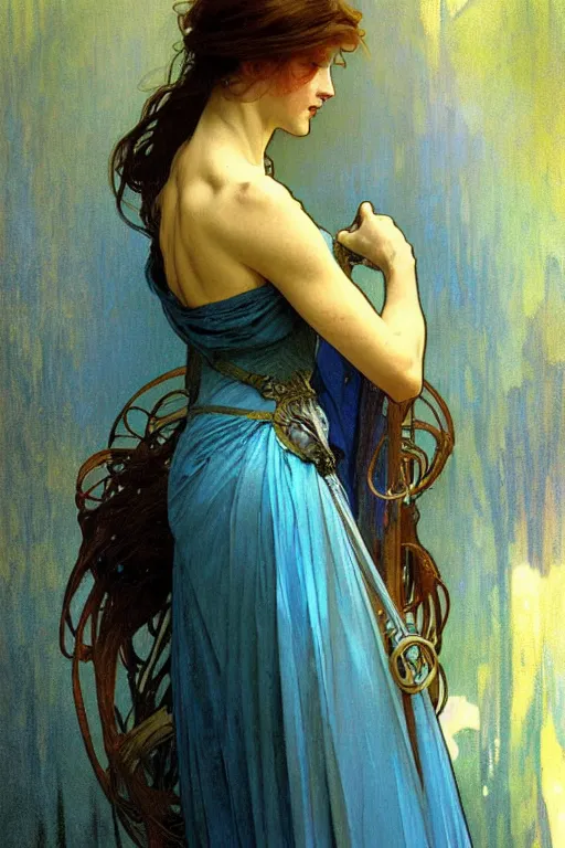 Image similar to A woman wearing blue clothes, fantasy, painting by greg rutkowski and alphonse mucha