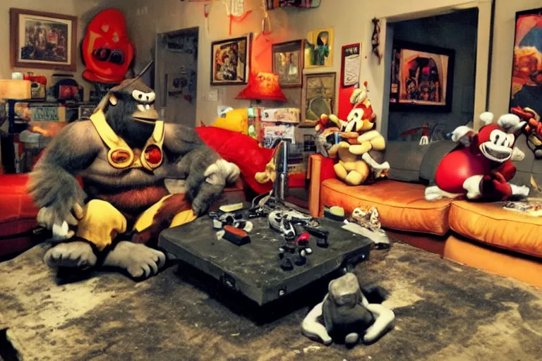 Image similar to a gritty photo made with a disposable camera of my living room where a real life Donkey Kong sits next to a real life King Bowser on the couch, while playing a video game