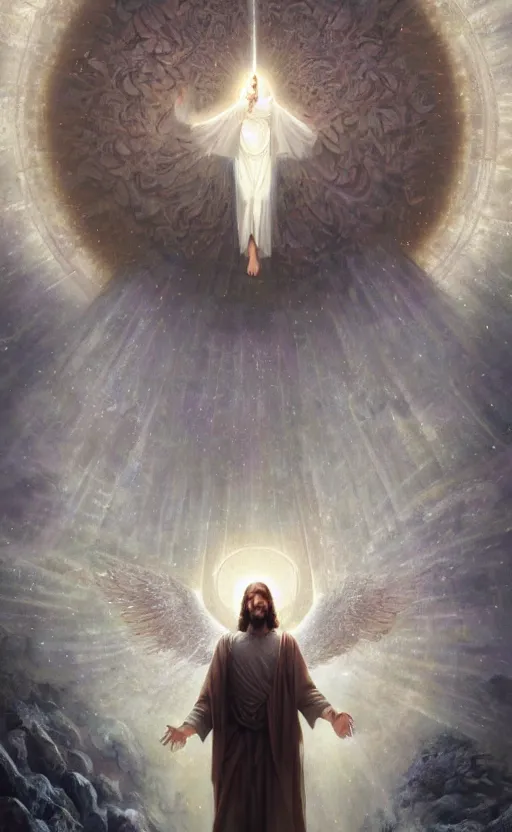 Image similar to jesus looking into a portal hopping and time warping with reckless abandon, surrounded by thousands of angels, masterpiece digital painting by Greg Rutkowski, Alex Grey, artstation, 4k wallpaper