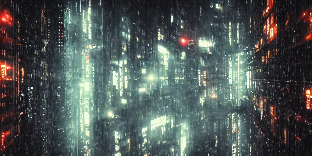 Image similar to a city street at night, raining, photograph, cyberpunk, sharp focus, intricate detail, Desolate, drone shot, high resolution,