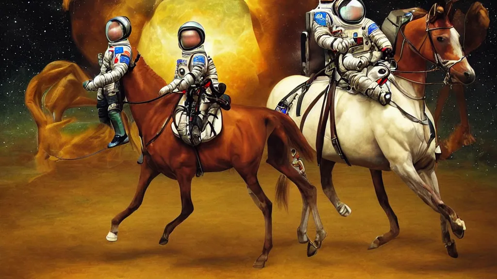 Prompt: an astronaut holds a horse, a horse is a ball, a horse riding an astronaut, art by cheval michael