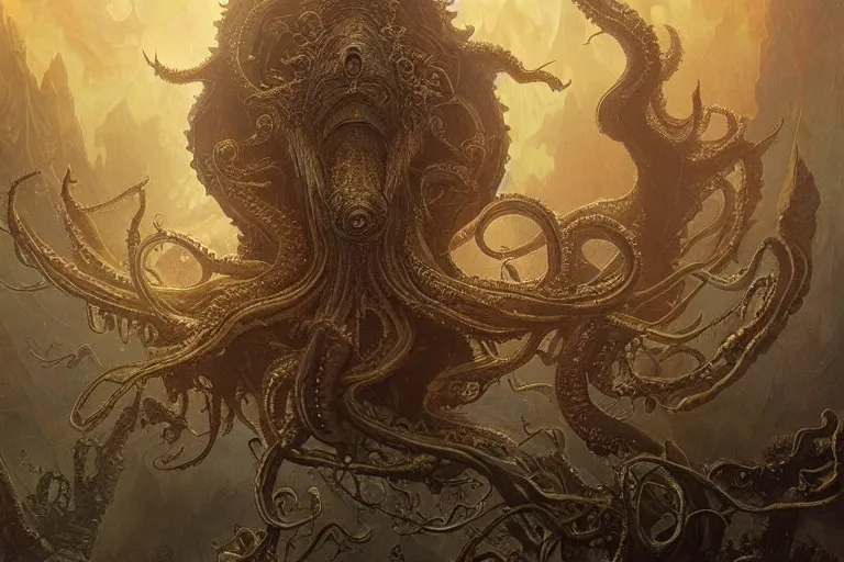 Image similar to a lovecraftian painting of cthulhu rising, cosmic horror elements, ultra realistic, concept art, intricate details, eerie, highly detailed, photorealistic, octane render, 8 k, unreal engine. art by artgerm and greg rutkowski and alphonse mucha
