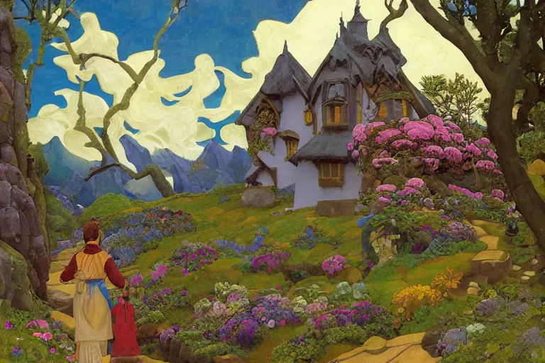 Image similar to the enchanted cottage and gardens of a wise woman on a mountaintop, dramatic cinematic lighting, folk-art carved painted wood house, rich colors, fairytale illustration, by Nicholas Roerich and William Dyce and ford madox brown and April Gornik and Caspar David Friedrich and Diego Rivera and Tyler Edlin and Ivan Bilibin