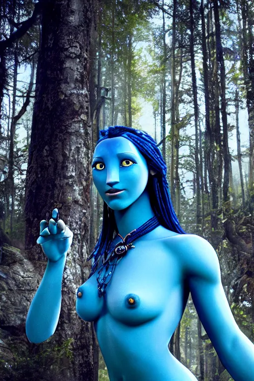 Image similar to photograph of a blue-skinned female navi from avatar standing in a forest, high resolution film still, 8k, HDR colors, cosplay, outdoor lighting, photo by bruce weber