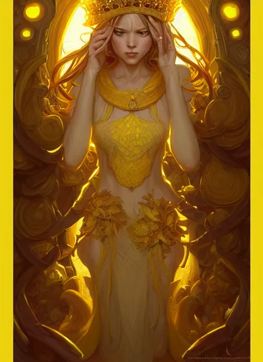 Image similar to yellow mushroom queen, d & d, fantasy, intricate, elegant, highly detailed, digital painting, artstation, concept art, matte, sharp focus, illustration, hearthstone, art by artgerm and greg rutkowski and alphonse mucha