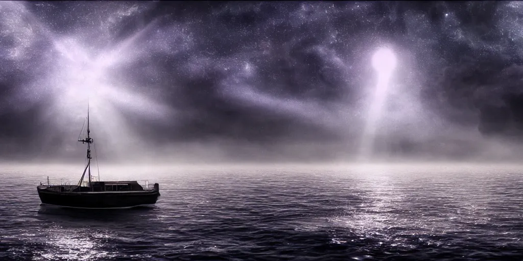 Image similar to a highly detailed realistic photographic render of a boat in a sea of stars, surreal, cinematic lighting, cinematic scene, volumetric lighting, atmospheric scene, dark, mystery, atmospheric lighting, realistic, photo realism, hyper realistic, hyper realism, photo realisitc, cinematic render, film, beautifully lit, ray traced, octane 3 d render, octane render, unreal engine