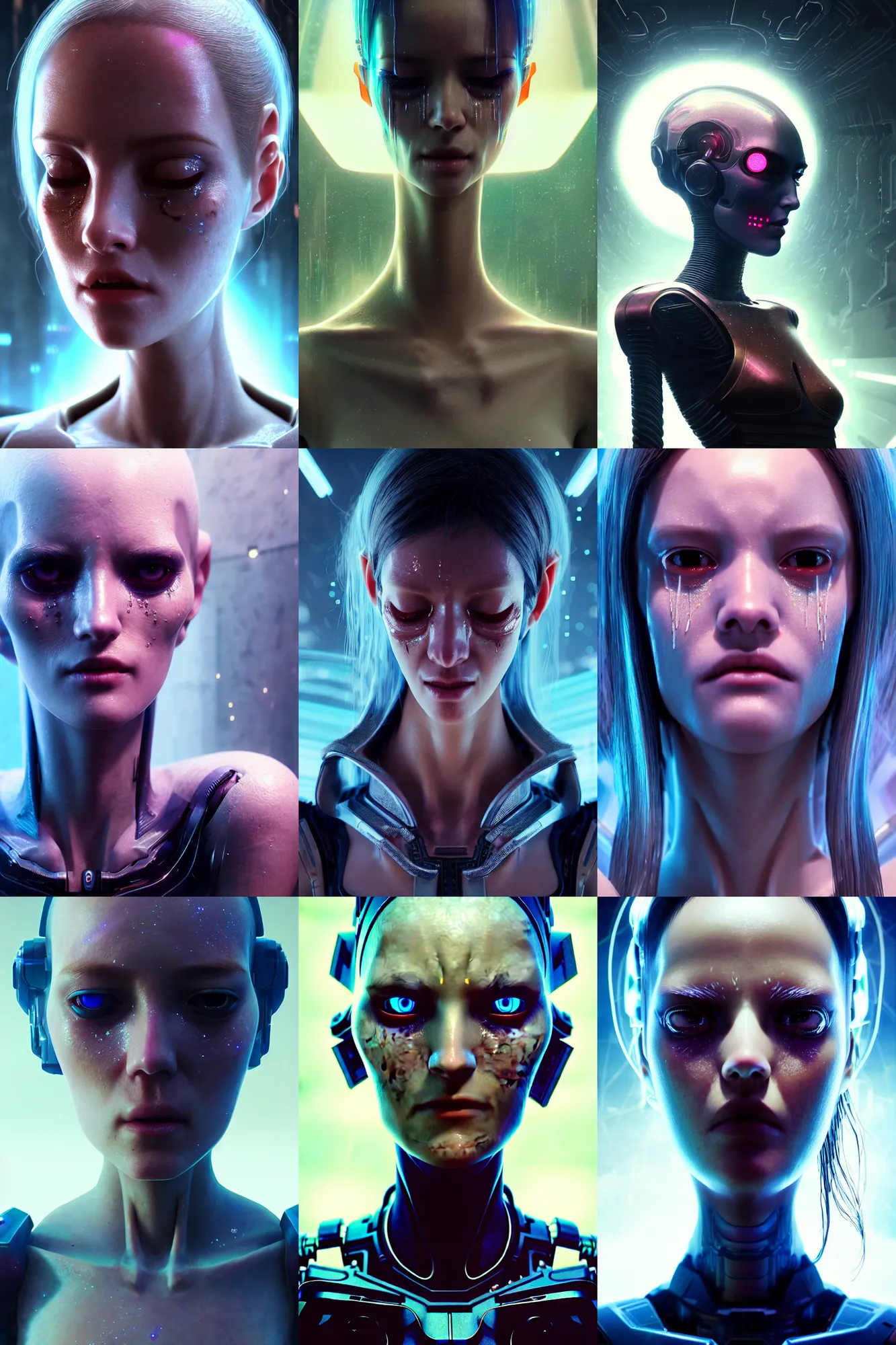 Prompt: beautiful crying! female android!, vfx side portrait, intricate detailed environment, photorealistic!, octane render, concept art, cinematic lighting, interstellar hyper realism, sharp, cyberpunk, bladerunner, 8 k, el dia los muertos! by angus mckie, moebius, maciej kuciara, stanley lau, artgerm, greg rutkowski