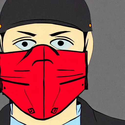 Prompt: A man in tactical gear and a red mask with a grin drawn onto it, cartoon