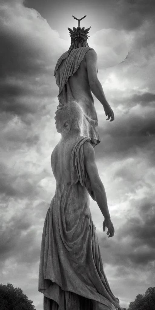 Prompt: a lonely god standing tall on a hill, photorealism, sunshaft, greek mythology