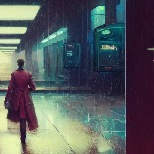 Image similar to detailed portrait of a woman, moment, cyberpunk cloisters, electronic billboards, tech noir, wet reflections, atmospheric, ambient, livia prima, greg rutkowski, edward hopper