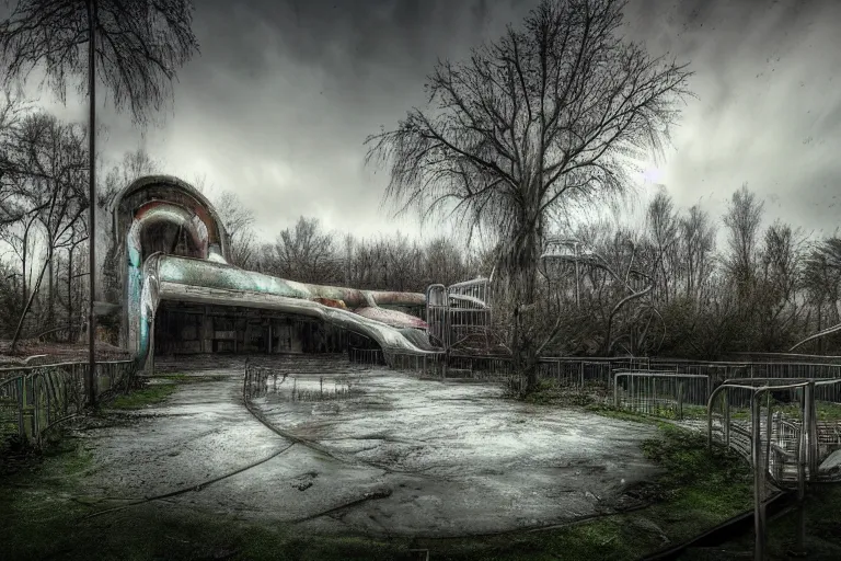 Image similar to creepy and wet abandoned waterpark, professional photography, highly detailed, sharp focus, hdr, 8 k, hd, trending on pexels, by marc adamus