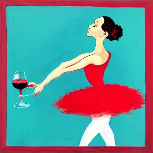 Image similar to square painting of a ballerina drinking wine in a teal room all on a red background