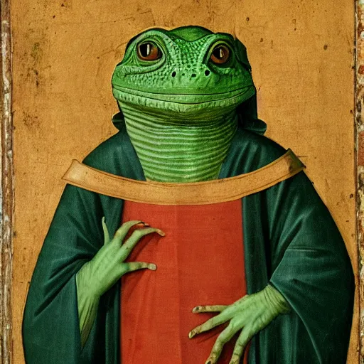 Prompt: green lizard wearing robe, giotto di bondone