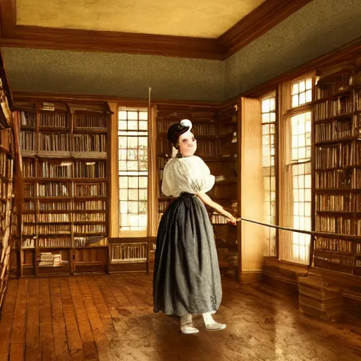 Prompt: a victorian - era maid inside a library cleaning, ultra realistic, books, maid, studio lighting, warm lighting, matte