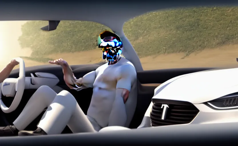 Image similar to elon musk driving a car with a white robot sitting besides him, unreal engine, 4k, 8k