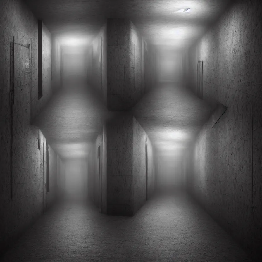 Image similar to dark and dim corridor, haunted, long exposure, detailed, hyper realistic, photorealism, ultra wide angle view, cinematic, peaceful, volumetric lighting