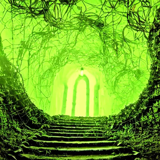 Prompt: a first person perspective shot looking up a stone staircase leading to an ancient stone archway that leads to an aaahh!!! Real monsters dimension covered in vines and emanating glowing yellow green light