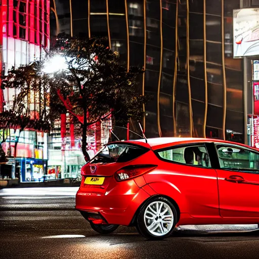 Prompt: red ford fiesta mk 5 zetec in tokyo spain, award winning photograph, night time