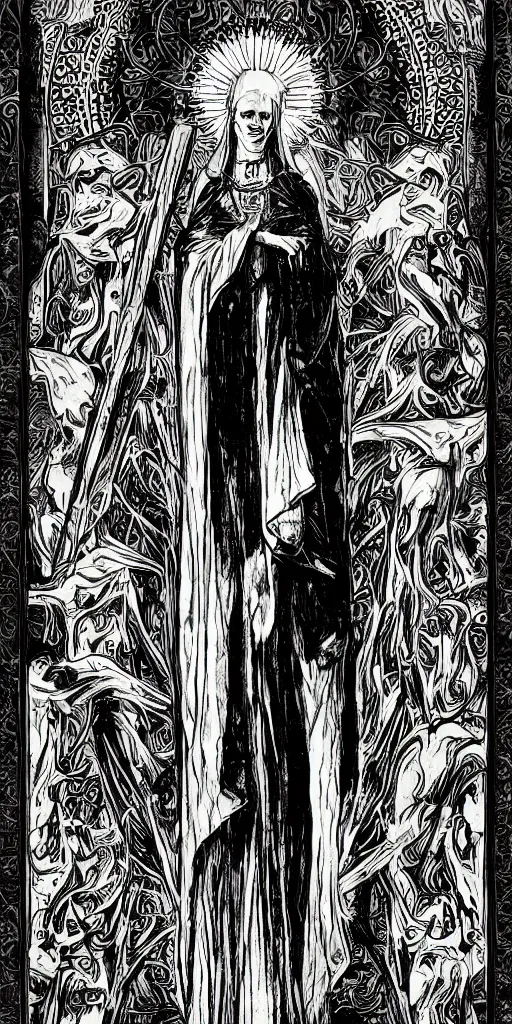 Image similar to the high priestess, tarot card, jachin and boaz columns, digital art, black and white