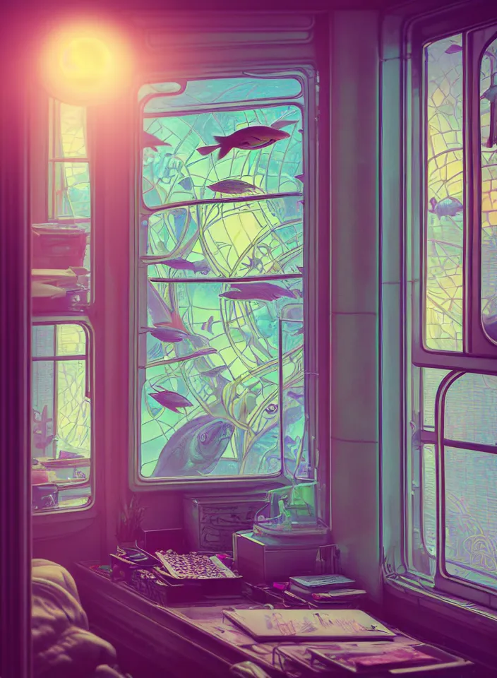 Image similar to telephoto 7 0 mm f / 2. 8 iso 2 0 0 photograph depicting the feeling of chrysalism in a cosy safe cluttered french sci - fi ( art nouveau ) cyberpunk apartment in a pastel dreamstate art cinema style. ( office with ) ( ( fish tank ) ), ambient light.