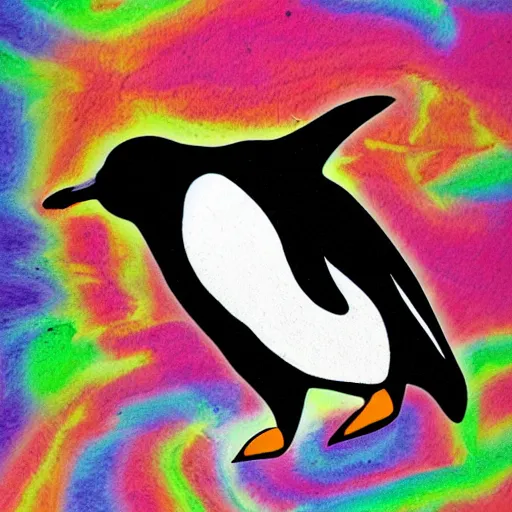 Prompt: a penguin having an acid trip