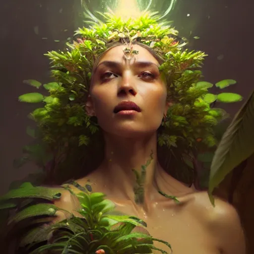 Prompt: a beautiful portrait of a plant goddess by Greg Rutkowski and Raymond Swanland, Trending on Artstation, ultra realistic digital art