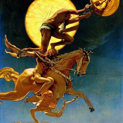 Image similar to Tragic Portrait of Phaethon the Demigod losing control of the chariot chariot that is the sun careening through the zodiac filled stratosphere norman rockwell guillem h. poniluppi howard pyle Ilya Repin Michelangelo Buonarotti Leonardo Da Vinci rodin greg rutkowski james gurney tombow masterpiece fresco quadratura Trompe-lœil