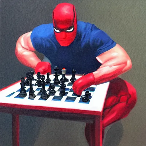 Image similar to painting of daredevil pondering next to a chess set, octane, painting by greg ruthowski, artstation, marvel