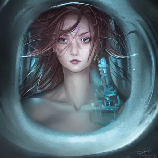 Image similar to Art station concept of a beautiful girls body kneeling in a dark cave, compulsion, Hypnosis, hypnotising, hypnotic eyes, light blue eyes, spiral eyes, symmetrical face, cybernetic features, by Stanley Artgerm Lau, WLOP, Rossdraws, James Jean, Andrei Riabovitchev, Marc Simonetti, and Sakimichan, trending on artstation