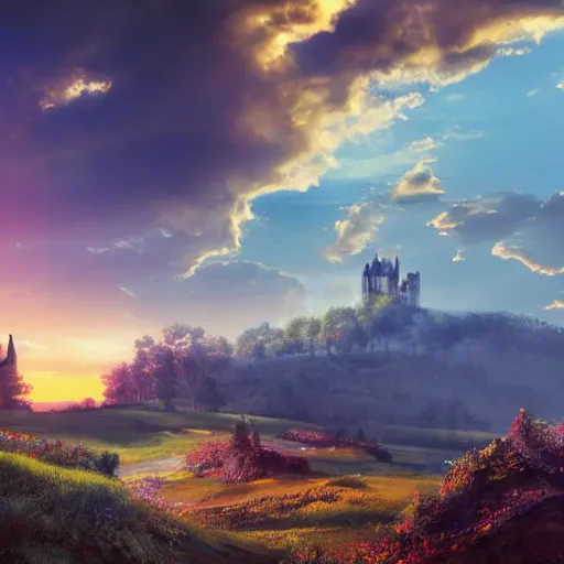 Image similar to a beautiful landscape with a castle, setting sun and a knight on horseback riding towards the viewer via a narrow winding path, epic sky, very realistic and colorful, realism, many details