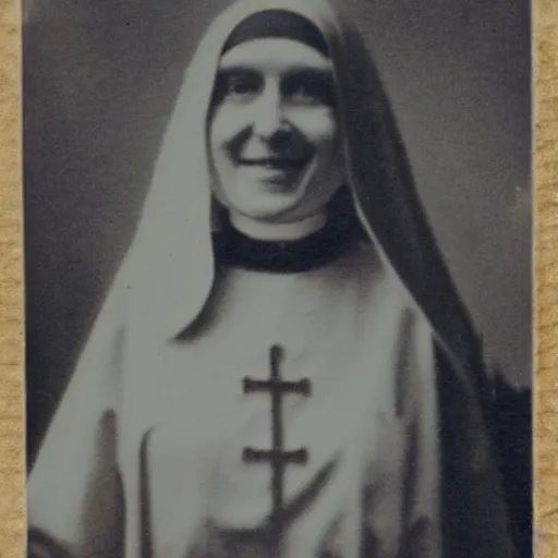 Image similar to found footage photo of a creepy nun smiling in the late 1 8 0 0 s,