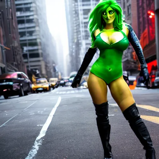 Prompt: Jessica Nigri as She Hulk on the street in New York City at night, Lights are on down the street, light fog in the backround, cinematic, realistic, detailed