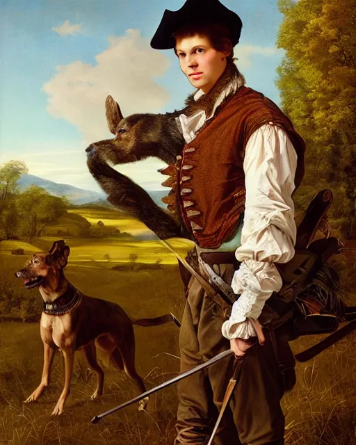 Image similar to intricate beautiful medium - shot, highly detailed, young man in hunting clothes of 1 7 th century with a greyhound dog, autumn field, cinematic lighting, highly detailed, digital art, renaissance painting, by leyendecker, by rutkowsky, by ernest huntley hart