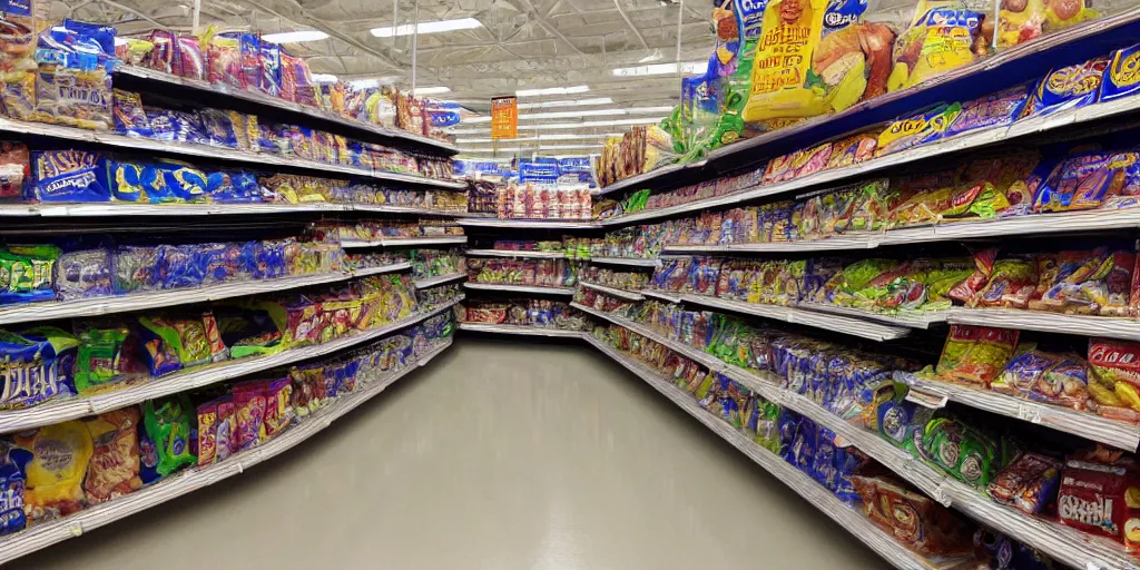 Prompt: 4K texture of Walmart shelves lined with snacks, photorealistic