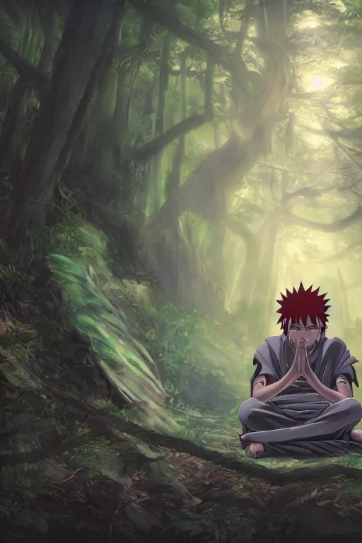 Image similar to photorealistic dark fantasy concept art of Naruto meditating in a forest, dynamic lighting, stunning visuals, realism, cinematic, hyper detailed, ultra detailed, beautiful visuals and sunset