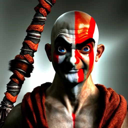 Image similar to mr. bean as kratos from god of war. movie still. cinematic lighting.